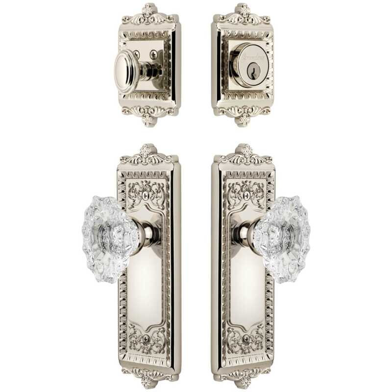 Ensemble de grandes plaques d'entrée Grandeur Windsor avec bouton en cristal Biarritz en nickel poli, 2.75", Nickel poli