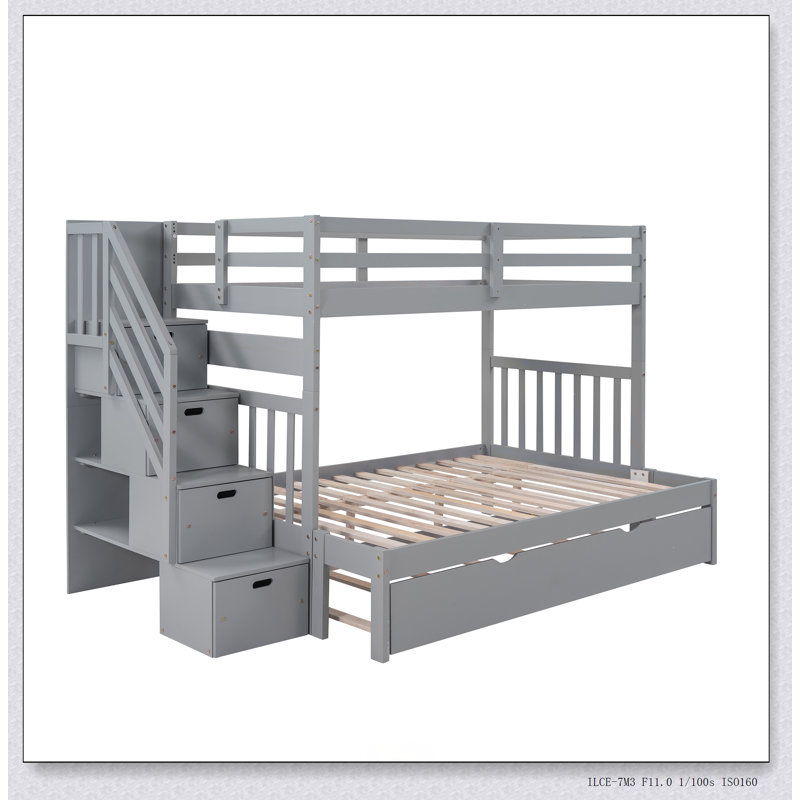Twin Over Full Bunk Bed With Twin Size Trundle, Gray