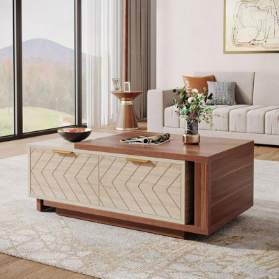 42.13" Extendable Coffee Table With 2 Storage Drawers, Dual-Tone Centre Table With Sliding Tabletop, Multi-Functional Hidden Storage Wooden Rectangle Cocktail Table For Living Room