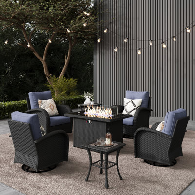  7 Pieces Outdoor Patio Furniture Set With Fire Pit Table, Rattan Wicker Sectional Swivel Rocker Chairs Sets
