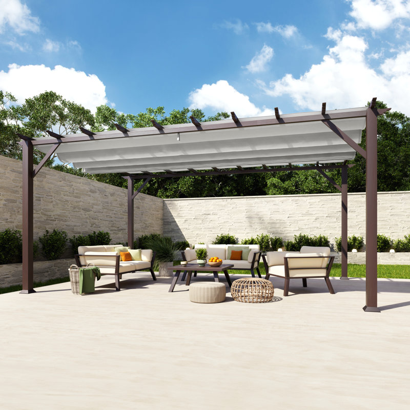 Florence 16' W x 11' D Wood Grain Aluminum Pergola in Chilean Ipe Finish with Adjustable Canopy, Gray