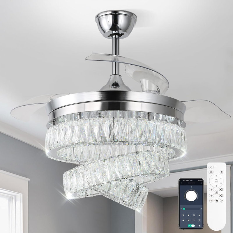 Fandelier Ceiling Fan With Light, LED Crystal Chandelier Ceiling Fan With Remote Retractable Chandeliers Fan For Bedroom Living Room, Timing 6 Speed Reversible