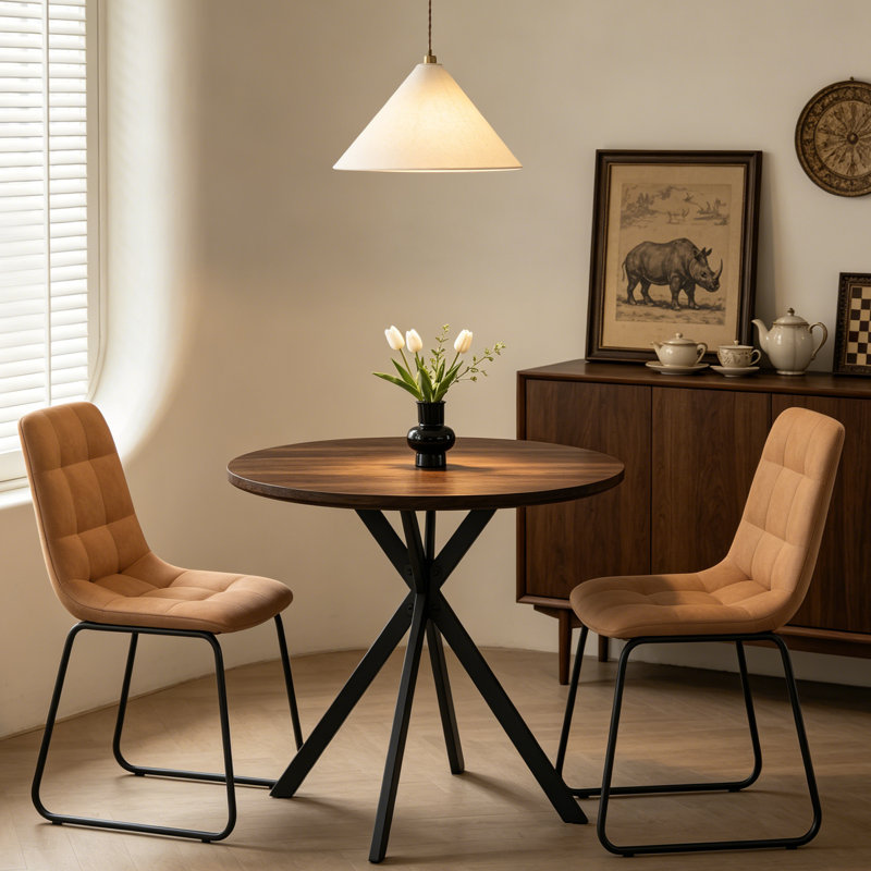 31.6 Inch Round Dining Table And Chairs For 2, Space Saving Modern Casual Coffee Table Set For Apartment Kitchen Dining Room Walnut Table & 2 Brown Chairs