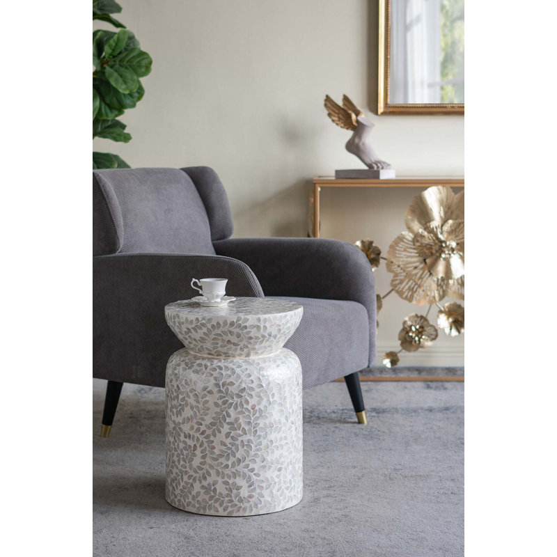 14x14x20" Round Bamboo Accent Table with White Capiz Shell Design