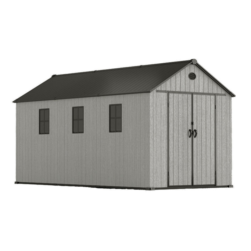 Gray wood-grain pointed-roof plastic tool shed