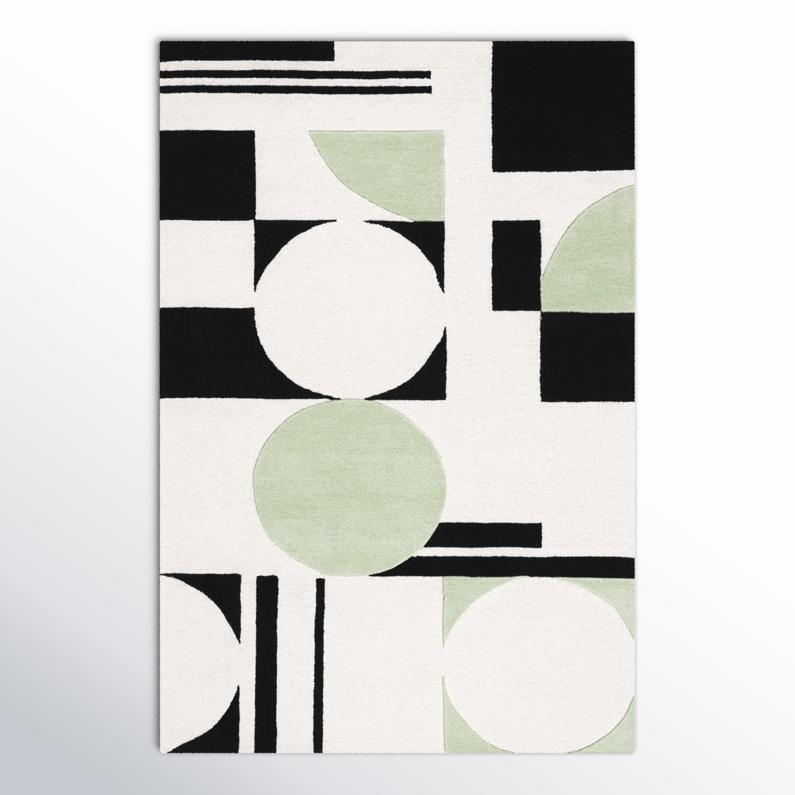 Felipe Green Black White Hand-Tufted Wool Rug, Rectangle 6' x 9'