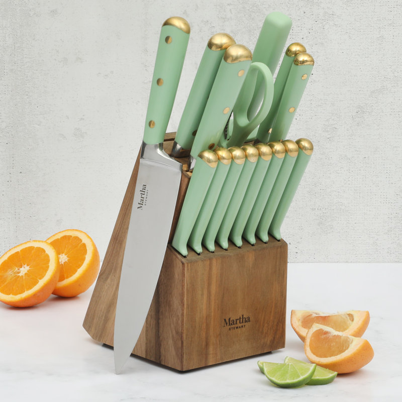 Martha Stewart 16 Piece Lockton High Carbob Stainless Steel Cutlery Kitchen Knife Block Set W/ ABS Tripe Riveted Forged Handle Acacia Wood Block - Sage Green W/ Gold
