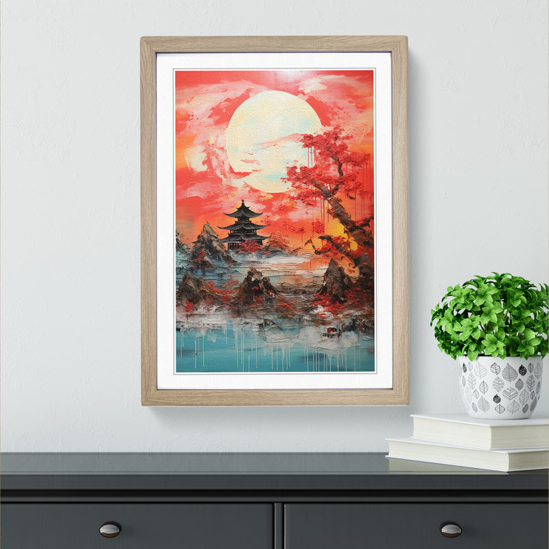 Japanese Sunset Gestural Art - Framed Print, 34cm H x 25cm W x 2cm D, Oak Framed