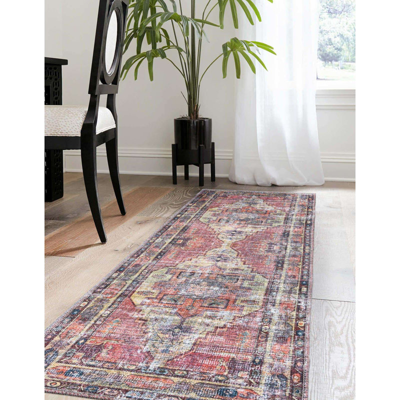 Heffron Performance Yellow/Pink Machine Washable Rug, Runner 2' x 10'