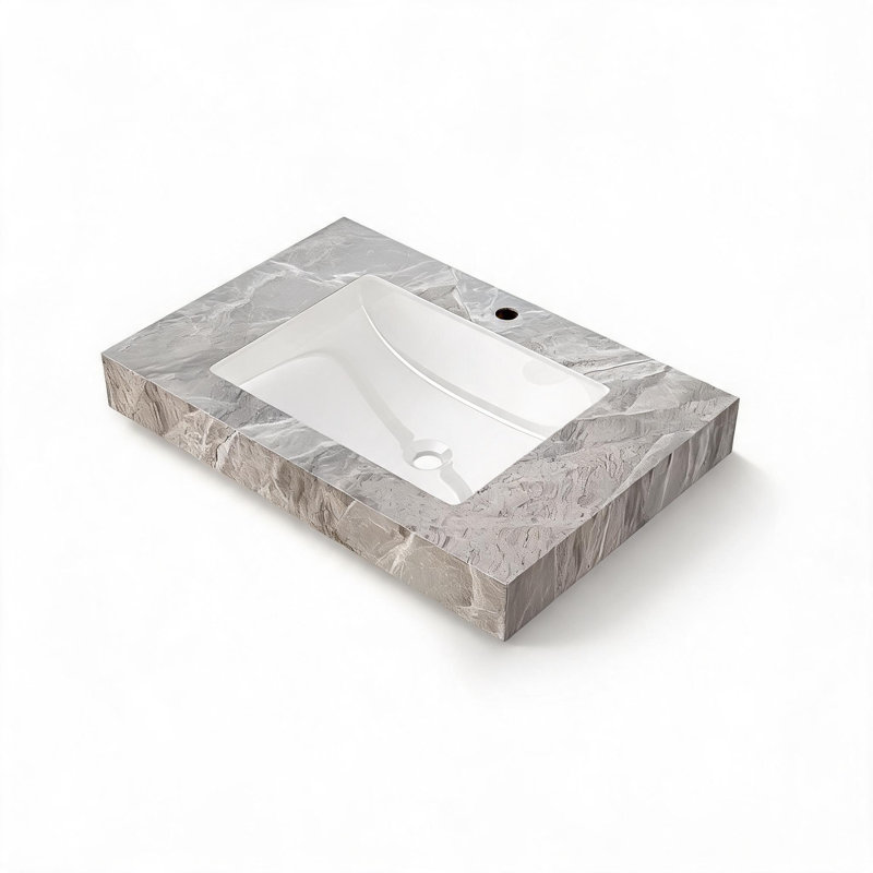 Vasque de salle de bain encastrée de 76 cm (30 po) en céramique gris pâle et pierre frittée avec trou pré-percé pour robinetterie