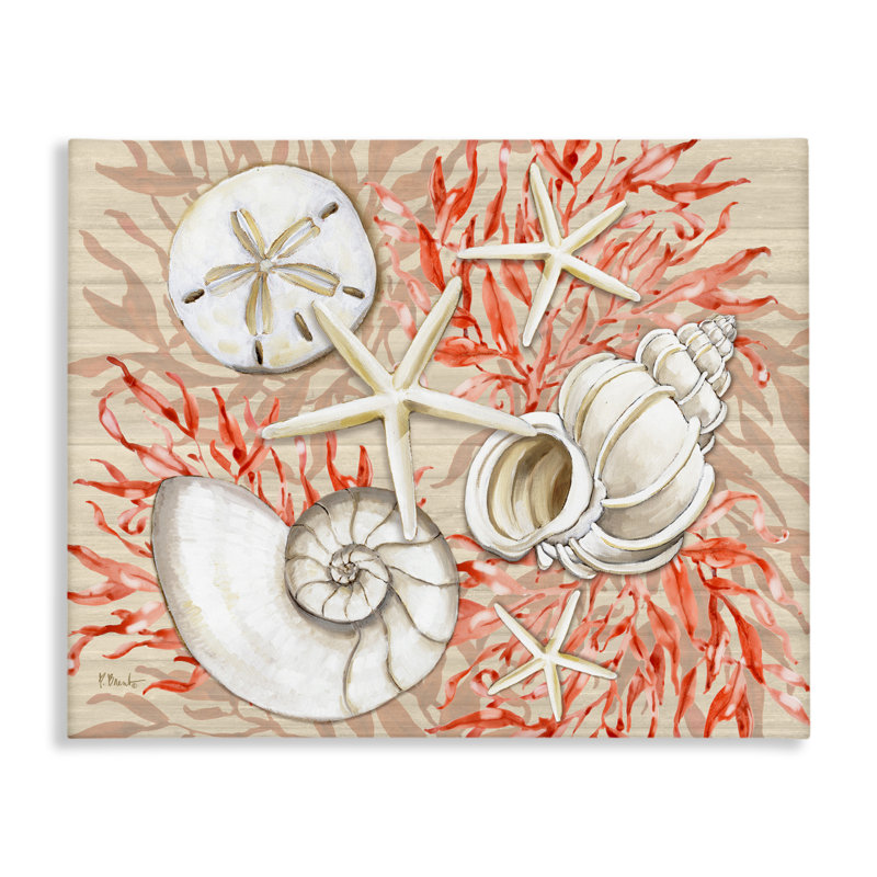 Toile corail et coquillages blancs, design par Paul Brent, H 16 po x l 20 po