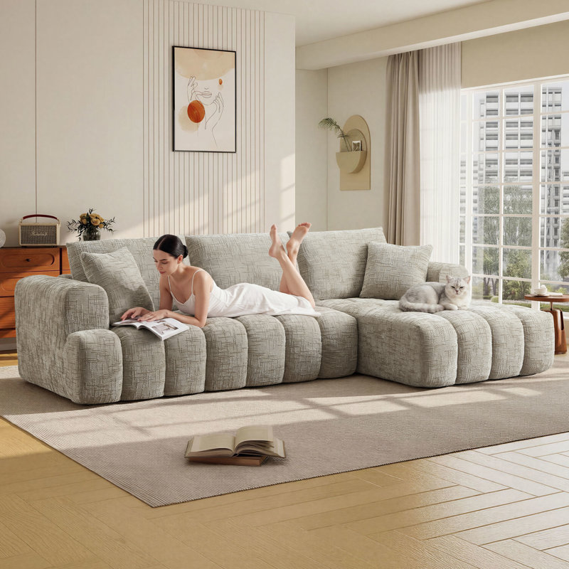 Boneless 108.5" Chenille Sectional Compression Sofa 2 Piece Boneless Modular Deep Seat Cloud Couch With Tufted Design & Chaise Set, No Assembly Required