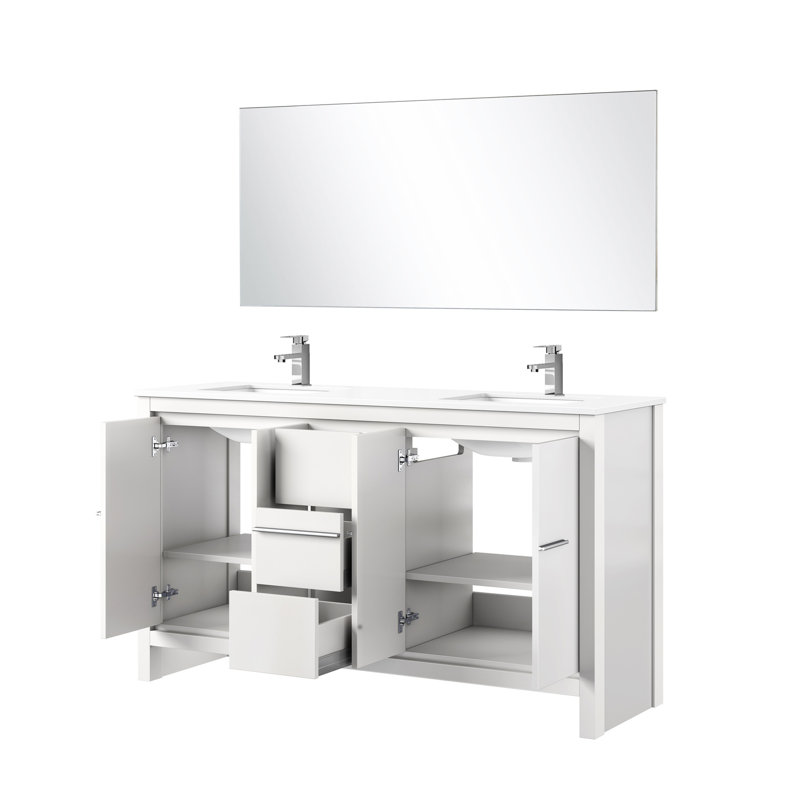 Meuble-lavabo 60 po en blanc, comptoir en quartz, robinet, miroir de 55 po - aux taches et à la surface