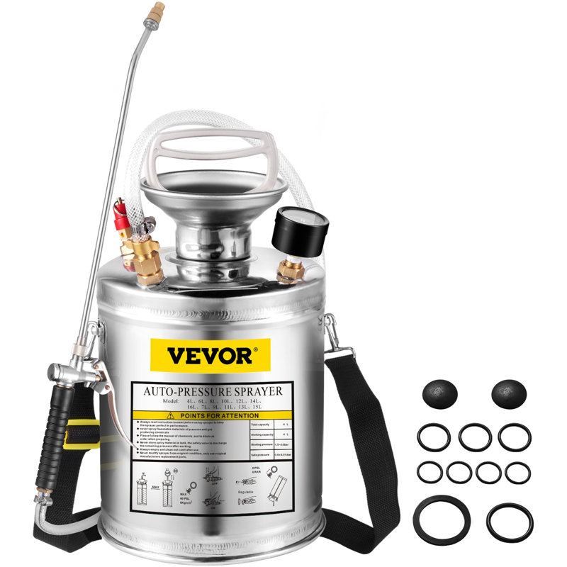 1Gal Stainless Steel, Set With 12" Wand& Handle& 3FT Reinforced Hose, Hand Pump Sprayer With Pressure Gauge&Safety Valve, Adjustable Nozzle Suitable For Gardening And Sanitizing, Silver