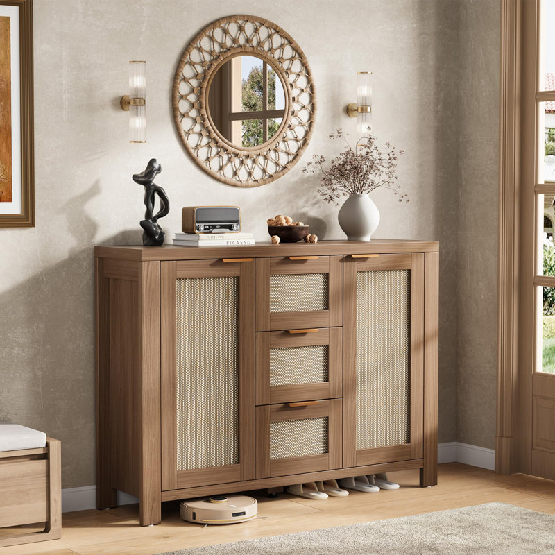 Rattan Buffet Sideboard with 3 Drawers - Boho Coffee Bar Cabinet with Adjustable Shelf, Modern Kitchen Accent Storage Credenza for Dining Room, Living Room & Entryway, Dark Oak