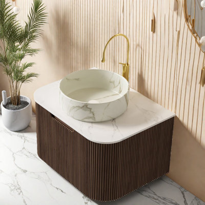 Meuble-lavabo moderne avec lavabo, rangement flottant en bois de noyer de 24 pouces pour la maison