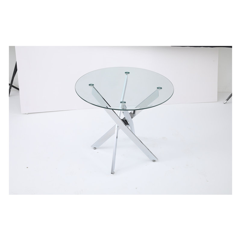 35.43" Round Tempered Glass Table – Silver Iron Frame, Modern Minimalist, Silver