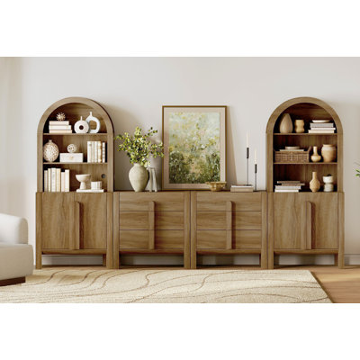71"H X 126"W Tall Arched Bookshelf With 6 Drawers And 2 Cabinets, Modern 10-Tier Bookcase With Open Storage, Large Wood Display Cabinet For Living Room Bedroom Home Office Kitchen