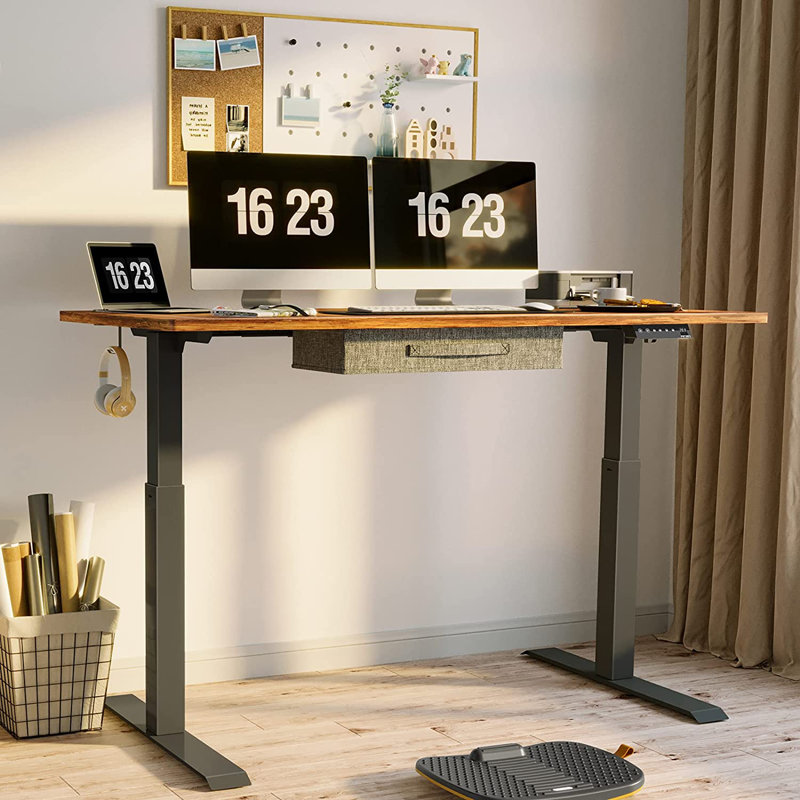 Height Adjustable Standing Desk With Drawer, Rustic/Black, 27.7" H x 63" W x 24" D