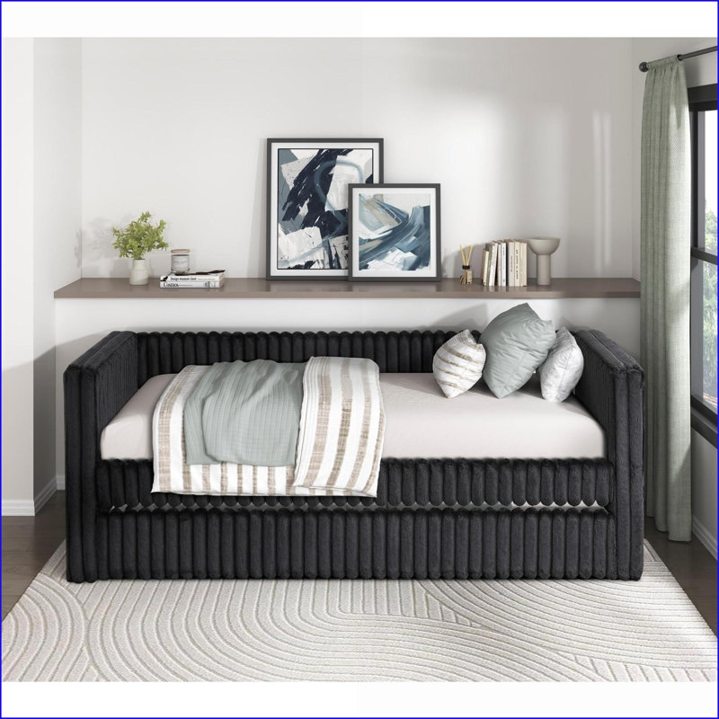 Daybed with Trundle, Modern Black Corduroy Upholstered for Guest Room | Black | Plywood, Black