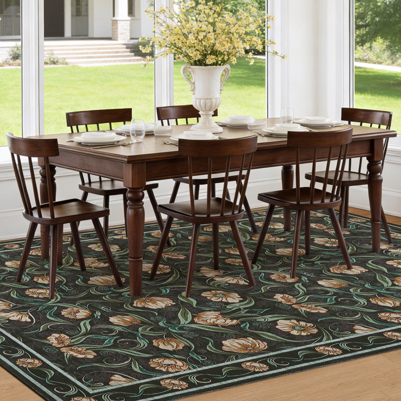 Area Rug 6x9, Floral Modern Washable Rugs, Non-Slip Low-Pile Soft Floor Carpet for Bedroom, Living Room, Dining Room, Black