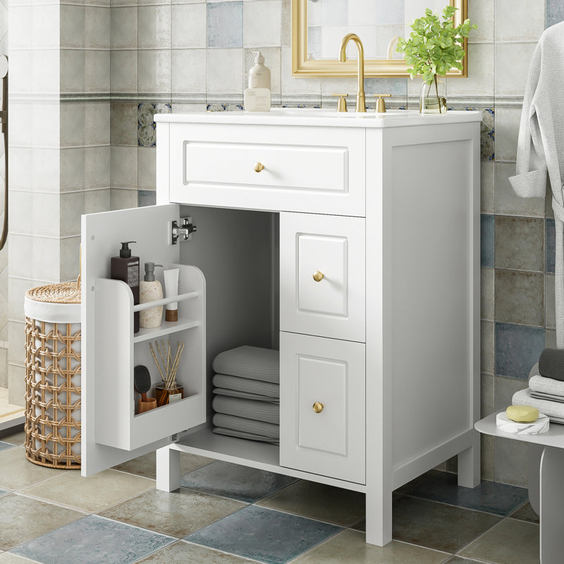 Meuble-lavabo de 24 po avec lavabo encastré en céramique, 1 porte à fermeture douce, tiroirs et poignées élégantes en aluminium avec portes, tablettes doubles sur une surface facile à nettoyer