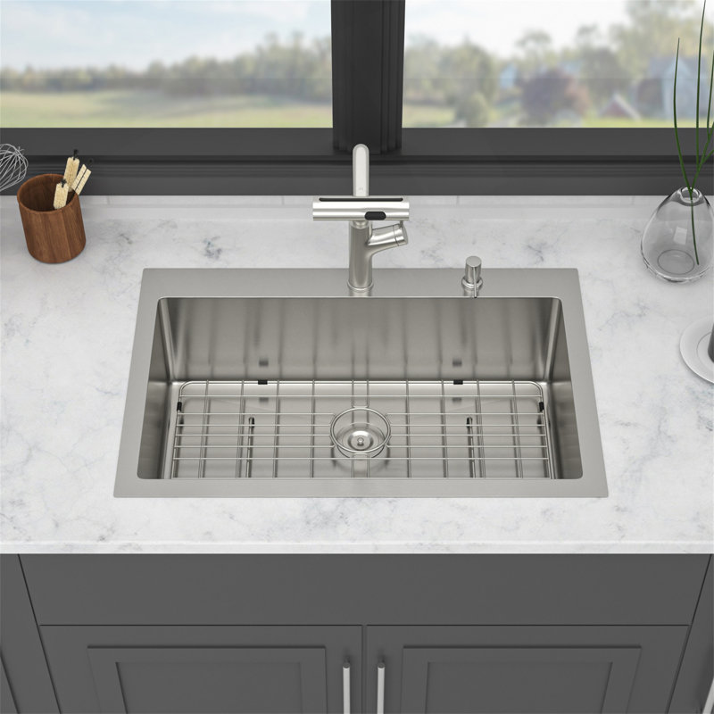 30" Drop-In Kitchen Sink With Pull-Out Faucet And Soap Dispenser - 30 X 22 X 10 Inch Single Bowl 16 Gauge Stainless Steel Topmount Kitchen Sink Basin