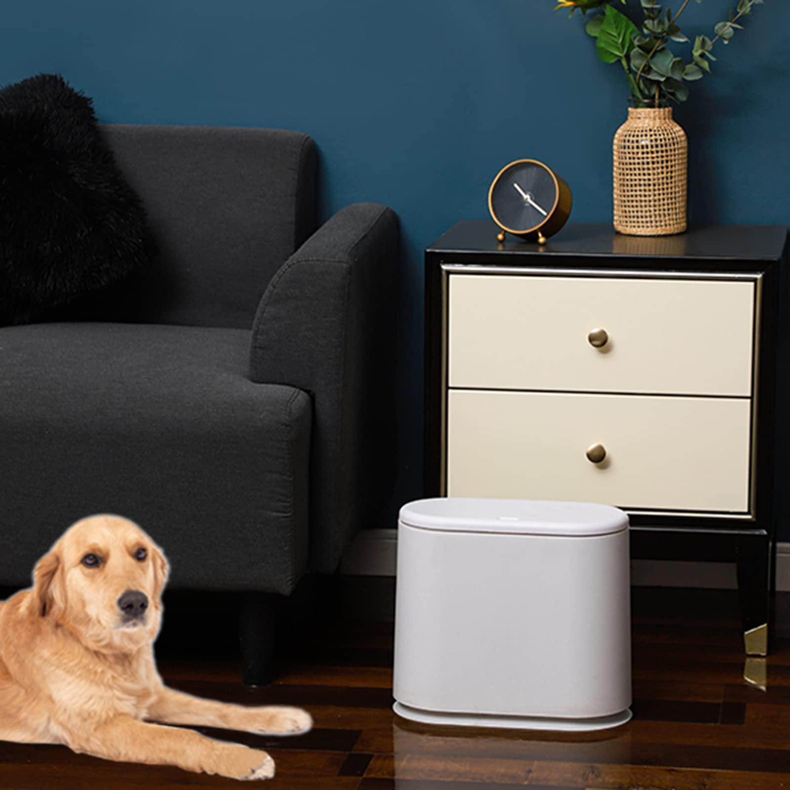 PET SUPPLY PLUS INC 12 Liter Plastic Trash Can With Press Top Lid For Bathroom Narrow Dog Proof ...