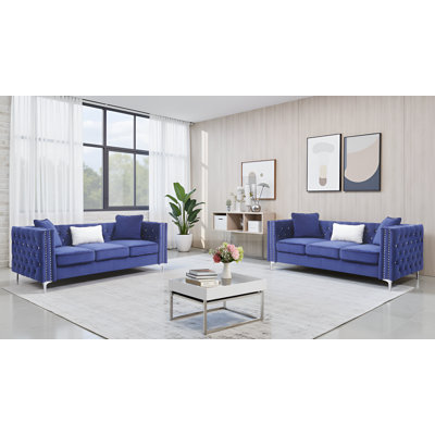 Lyon Velvet Blue Sofa Set Of 2