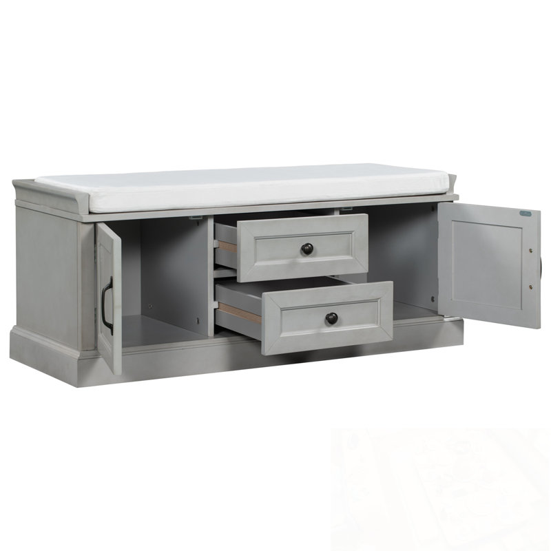 Storage Bench with 2 Drawers and 2 Cabinets, Gray Wash