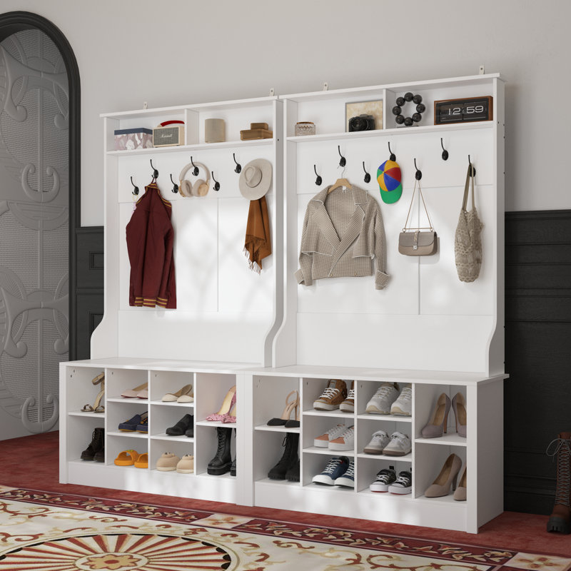Bettymae 78.8” Wide Hall Tree with Hooks, Bench & Shoe Storage, White