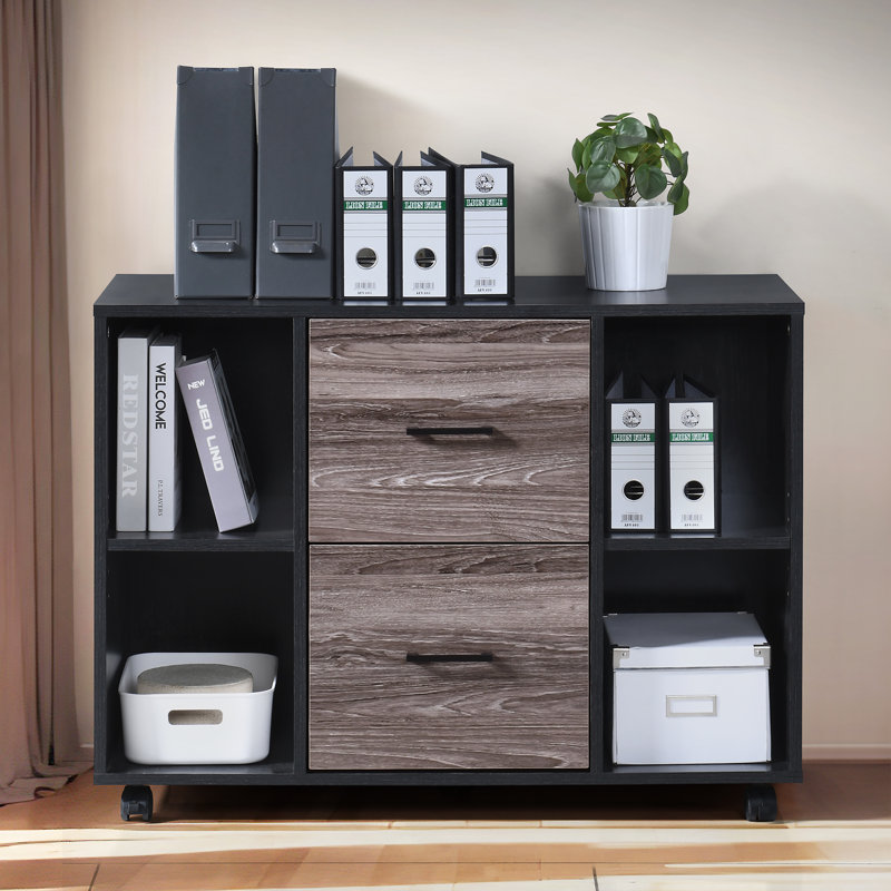 Walnut File Cabinet With 2 Drawers, Black