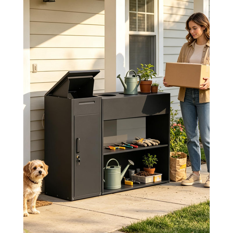 Boîte de livraison extérieure 3 en 1 noire avec bac de jardin surélevé, antivol, résistant aux intempéries et rangement pour outils de jardin.
