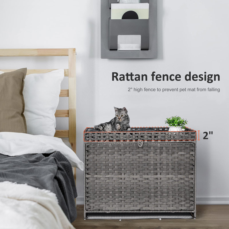 Grey Handwoven Rattan Cat Litter Box Enclosure with Soft Mat
