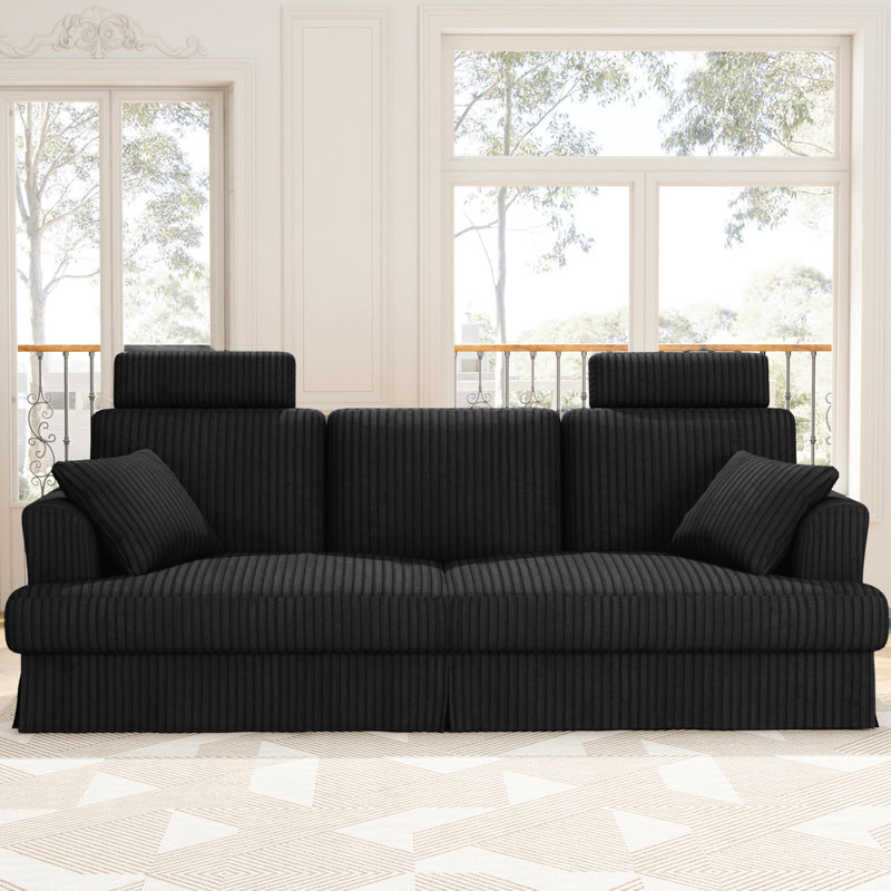 Modern 222cm Corduroy Recessed Arms Sofa With Removable Headrest, Black