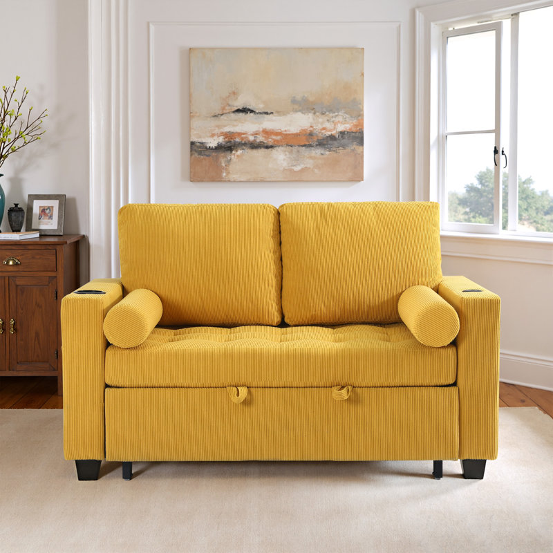 Upholstered Tufted Convertible Pull-Out Sleeper Sofa Bed - Adjustable Backrest With 2 Soft Pillows, Yellow