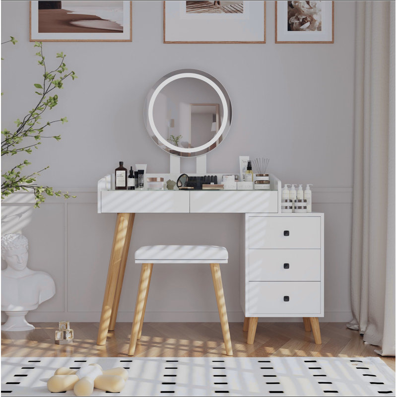 Coiffeuse avec lumières DEL et coiffeuse avec table d'appoint extensible à 5 tiroirs avec miroir et tabouret pour chambre à coucher