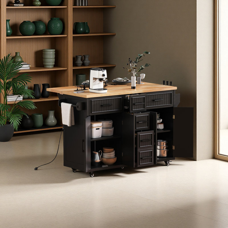 56.5'' Kitchen Island With Drop Leaf, Power Outlet, Embossed Vertical Stripe Rolling Kitchen Cart On Wheels With 4 Doors