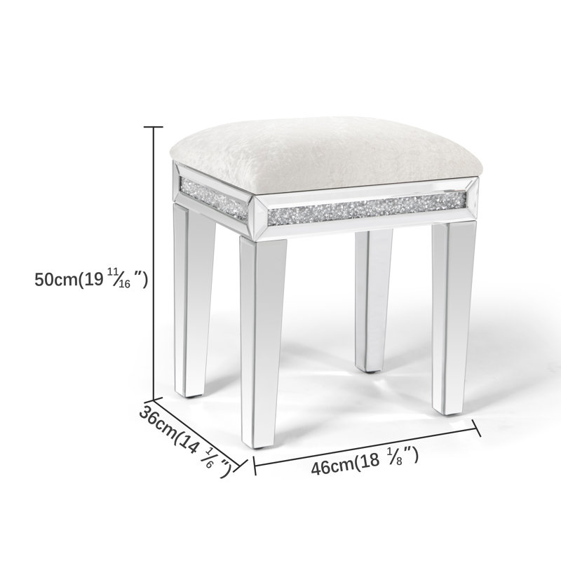 Mirrored Glass Dressing Table Set Dressing Table and Plush Upholstered Stool