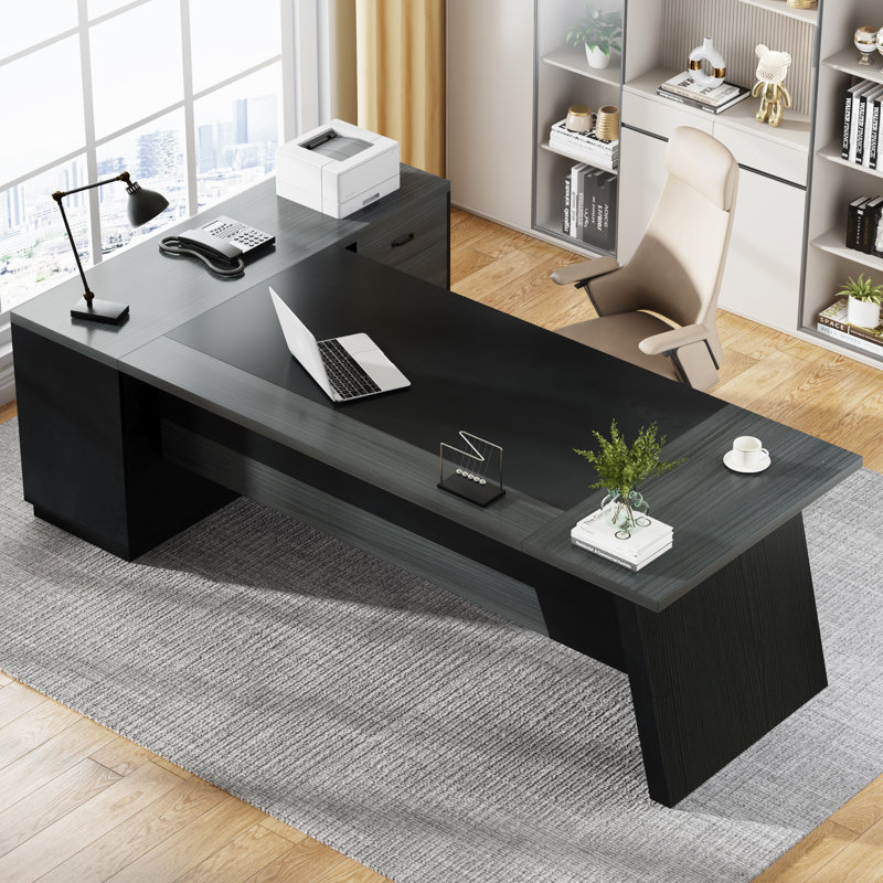 Bureau de direction en L avec tiroirs, Gris / Noir