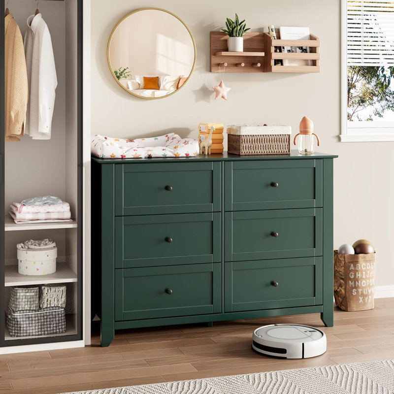 Commode 6 tiroirs verte pour chambre à coucher, grande commode avec tiroirs profonds et boutons en métal