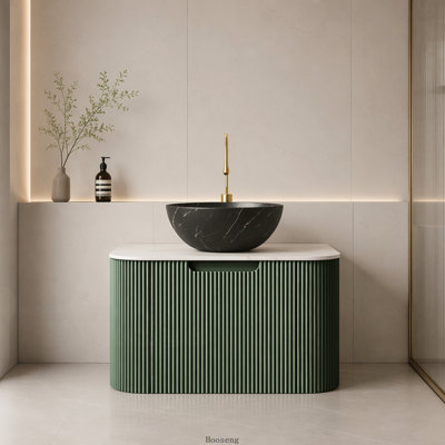 Meuble-lavabo flottant vert foncé de 30 po avec armoire incurvée à rayures, cuve en céramique noir mat et plateau en pierre frittée