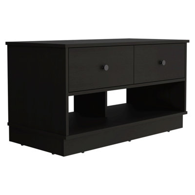 Storage Bench, Two Open Shelves, Two Drawers -Black
