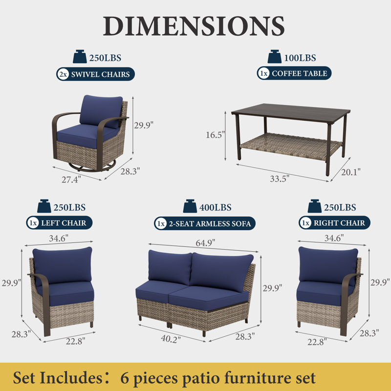 Ensemble de 7 meubles de patio en osier 7 pièces, conversation extérieure demi-lune 360 degrés avec table basse, Bleu
