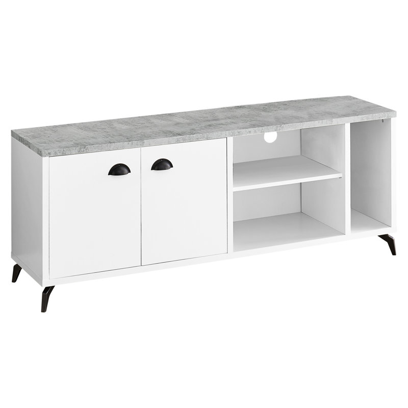 Meuble télé 60 po, console multimédia contemporaine avec armoires de rangement, stratifié gris blanc, métal noir pour salon, console 60 po, rangement et fonctionnalité moderne