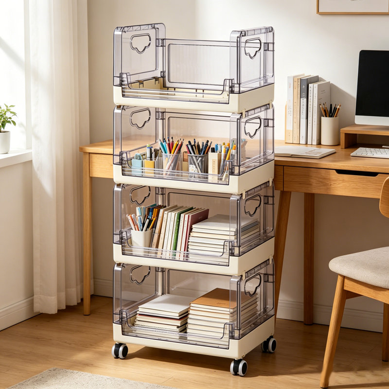 Chariot de rangement roulant à 4 niveaux avec bacs pliables amovibles, tour de rangement modulaire en plastique avec roues verrouillables pour la salle de bain, la salle de lavage, la chambre à coucher, la cuisine, le placard et le bureau