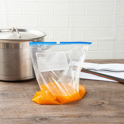 Restaurantware-Bag Tek 1 Gallon Freezer Slider Bags, 25 Disposable Zipper Pouch Bags - Slide Zipper, Expandable Bottom, Clear Plastic Freezer Bag, With Write-On-Label, For Food Storage