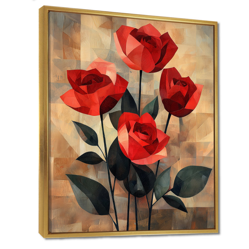 «Red Velvet Geometric Rose Passion I - Roses», art mural, H 44 po x l 34 po, Reproduction avec cadre flottant, Doré