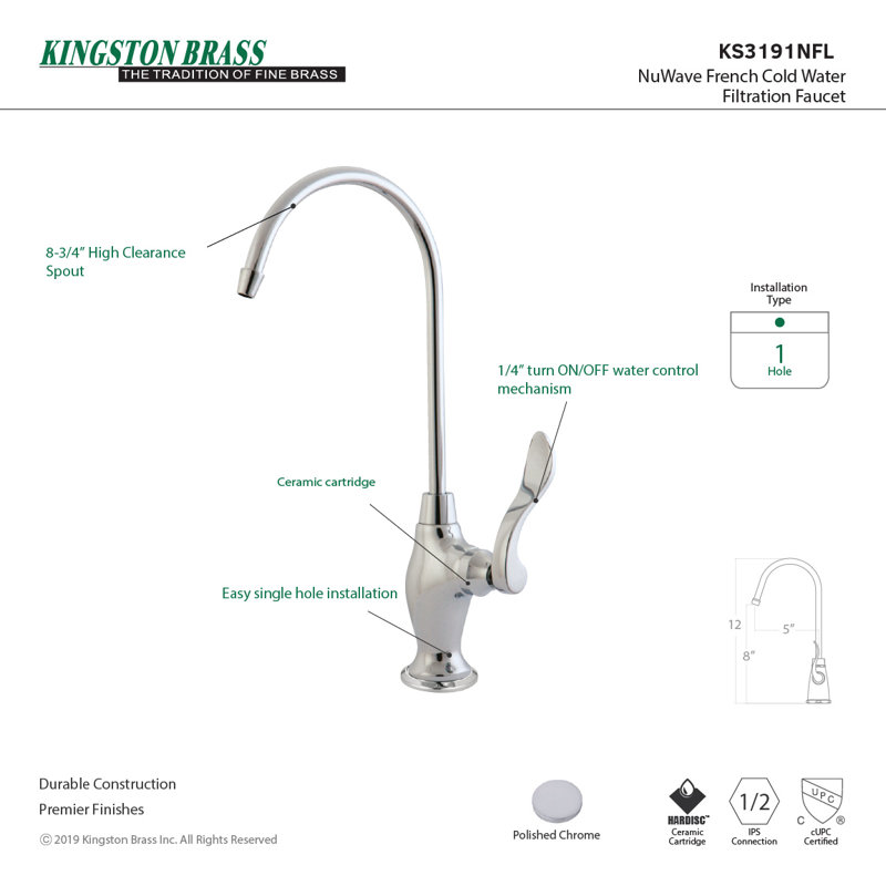 Robinet de filtration d'eau monotrou à fixation sur comptoir 1 trou Kingston Brass, Chrome poli