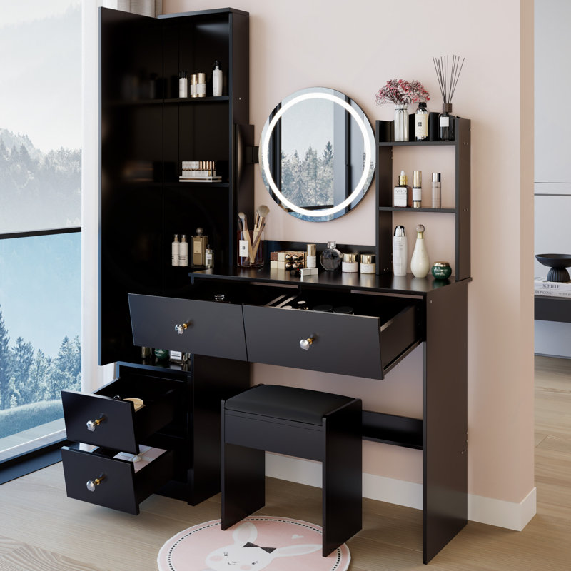 Meuble-lavabo avec miroir à DEL, tabouret et plusieurs ports de recharge pour une commodité moderne, Noir